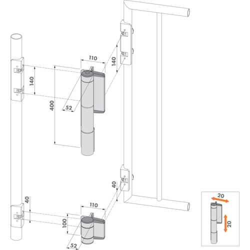 FERME-PORTAIL HYDRAULIQUE MAMMOTH ET CHARNIÈRE DINO ARGENT POUR VANTAIL 150 KG