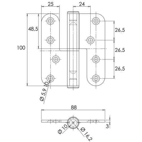 PAUMELLE COMPLÈTE INOX 304 BOUT ROND GAUCHE 100x88
