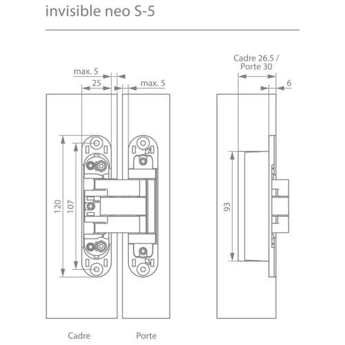 CHARNIÈRE INVISIBLE 3D 120x25 ENCASTREMENT 30 MM CHROMÉ MAT