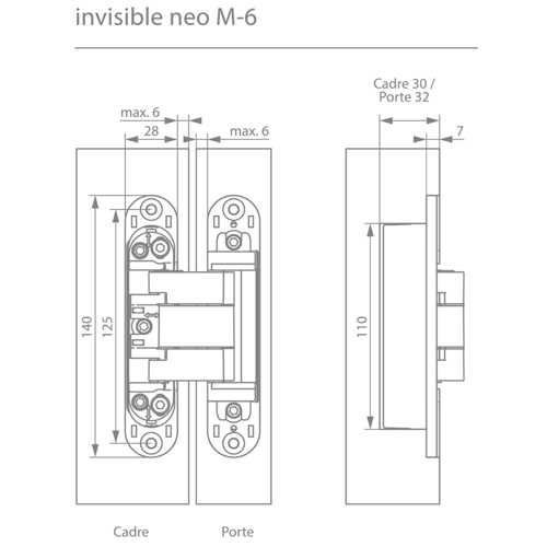 CHARNIÈRE INVISIBLE 3D 140x28 ENCASTREMENT 32 MM CHROMÉ MAT