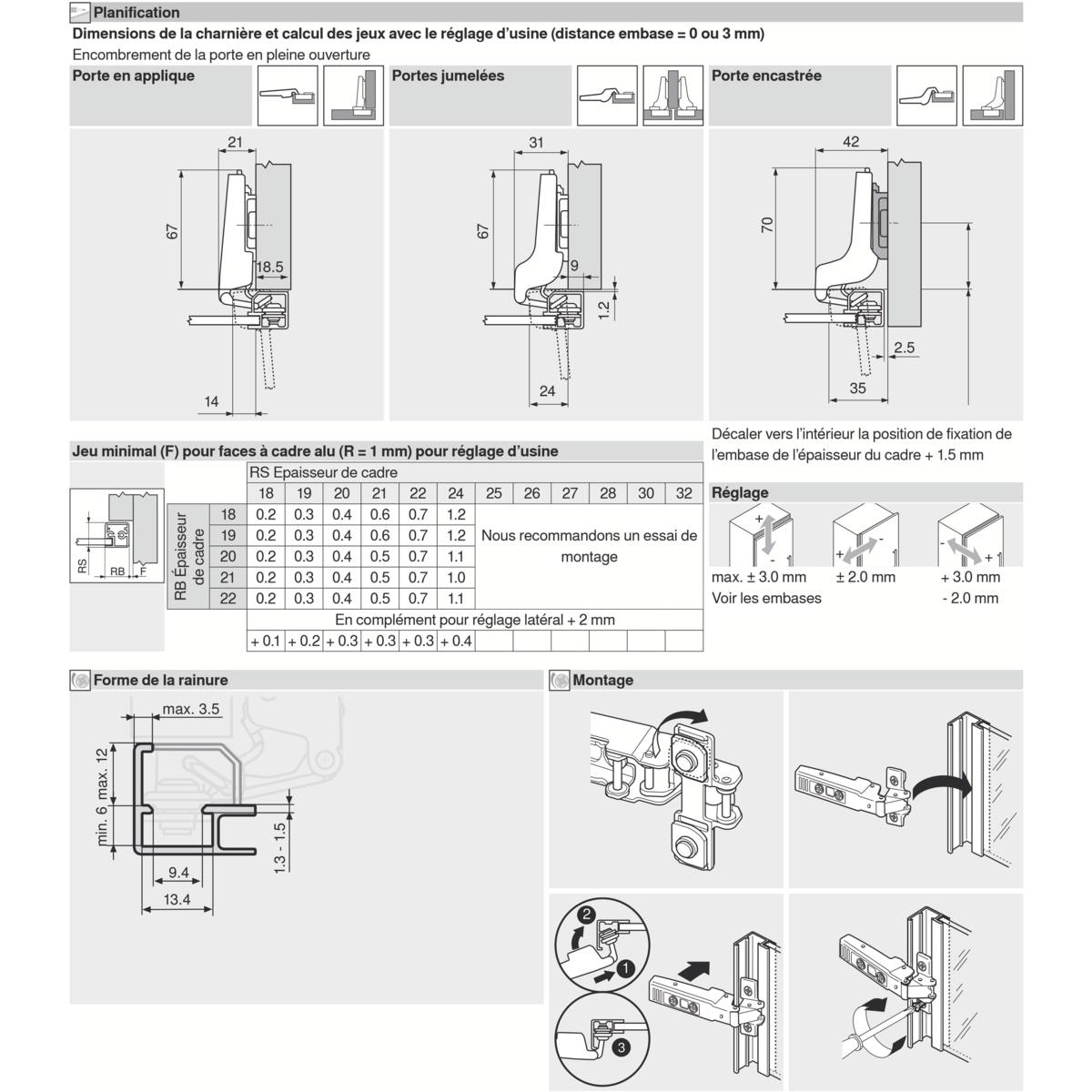 CHARNIÈRE 95° POUR CADRE ALU EN APPLIQUE