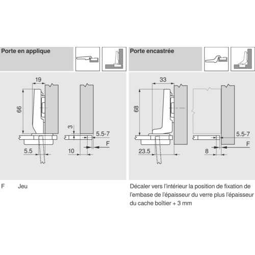 CHARNIÈRE 94° POUR PORTE EN VERRE À VISSER/EN APPLIQUE