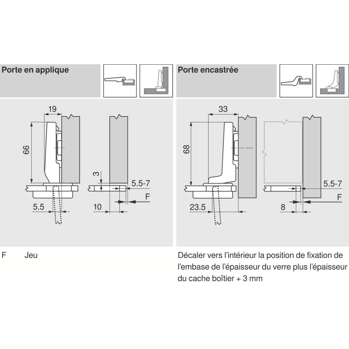 CHARNIÈRE 94° POUR PORTE EN VERRE À VISSER/EN APPLIQUE