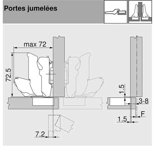 CHARNIÈRE GRD ANGLE 155° CLIP TOP BLUMOTION À VISSER POUR PORTES JUMELÉES