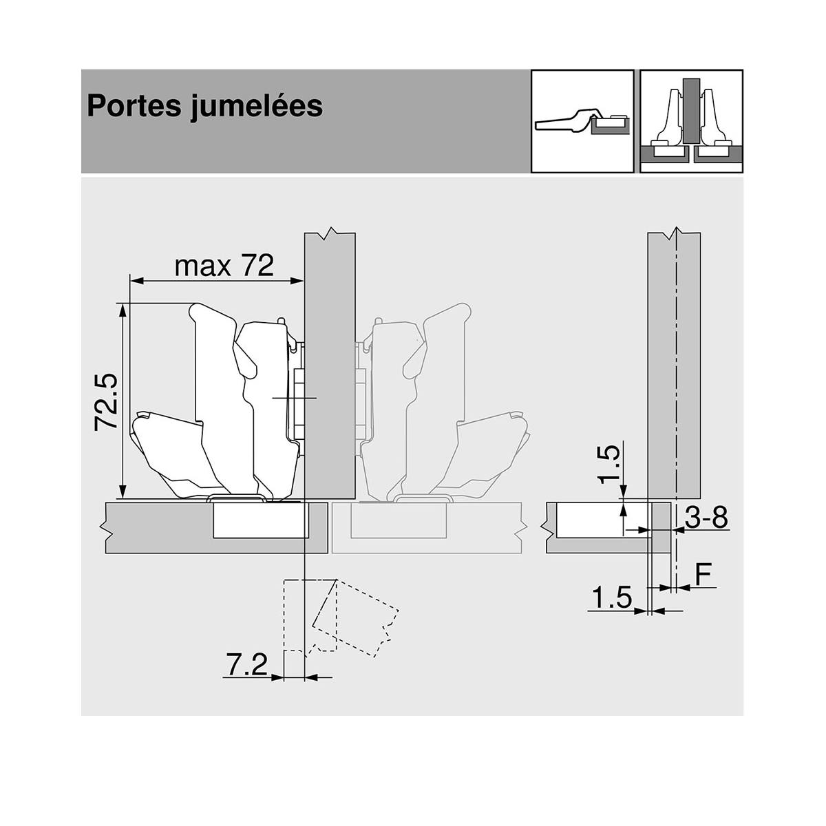 CHARNIÈRE GRD ANGLE 155° CLIP TOP BLUMOTION À VISSER POUR PORTES JUMELÉES
