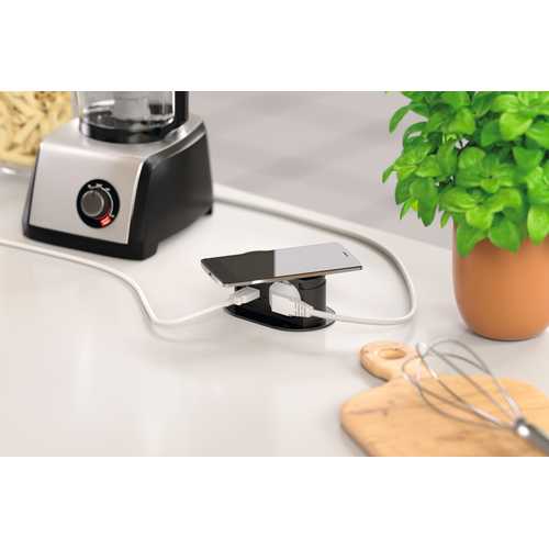 BLOC 1 PRISE + USB A&C  + CHARGEUR INDUCTION PICCOLINO QI FINITION VERRE NOIR 