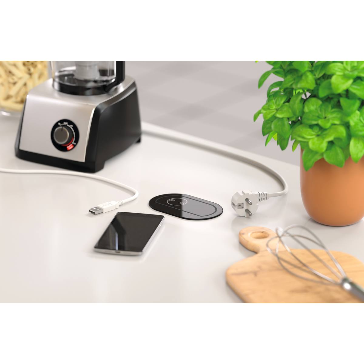 BLOC 1 PRISE + USB A&C  + CHARGEUR INDUCTION PICCOLINO QI FINITION VERRE NOIR 