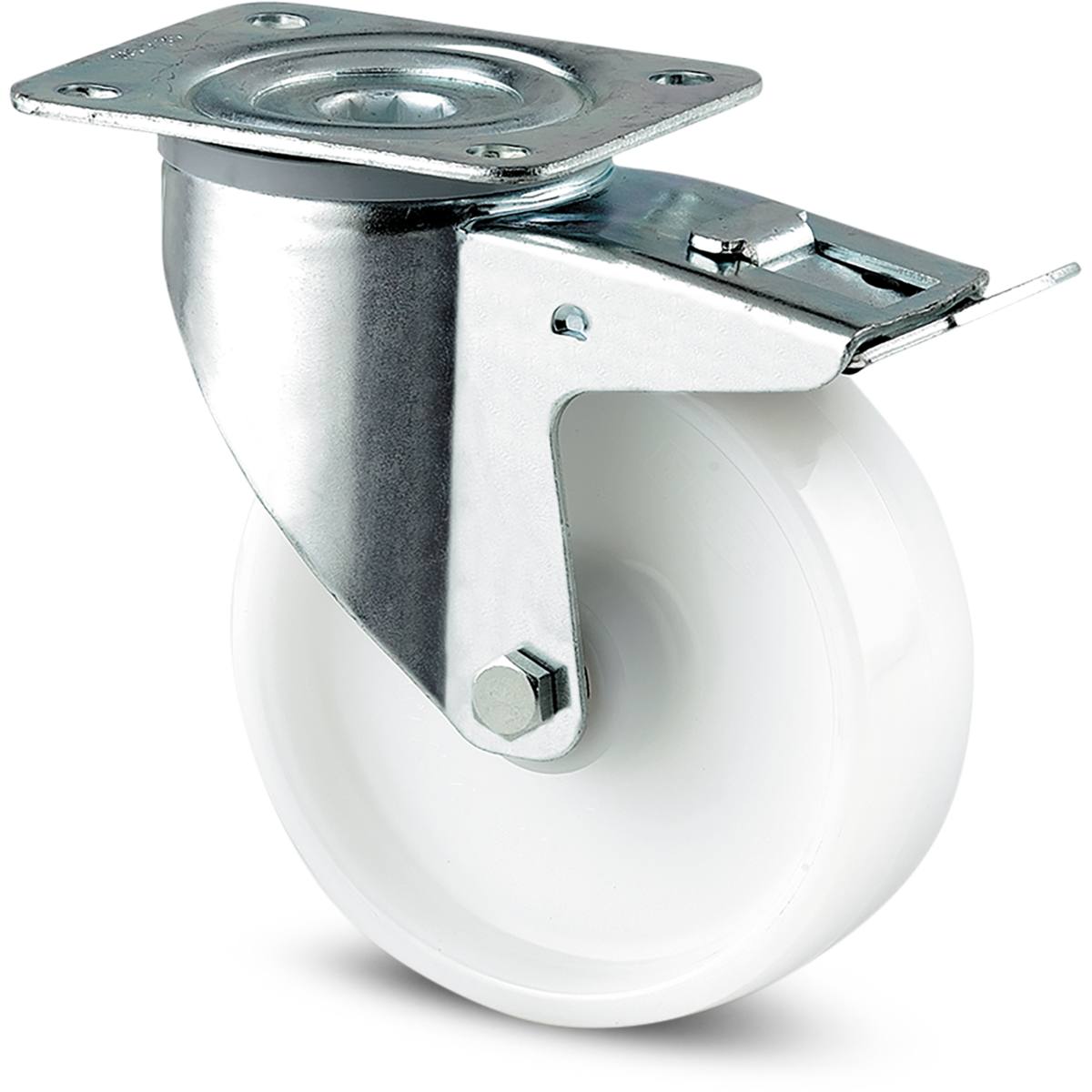 ROULETTE DE MANUTENTION LOURDE BLANCHE PIVOTANTE À FREIN À PLATINE Ø 100 MM