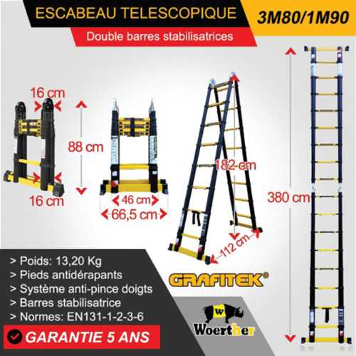ÉCHELLE-ESCABEAU GAMME GRAFITEK 3,80M /1,90M AVEC DOUBLE BARRES STABILISATRICES