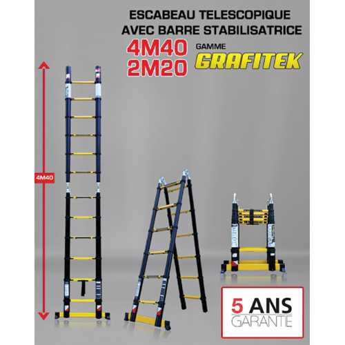 ÉCHELLE-ESCABEAU GAMME GRAFITEK 4,40M /2,20M AVEC DOUBLE BARRES STABILISATRICES
