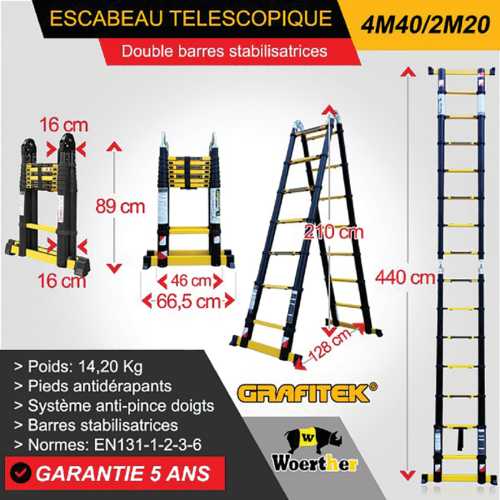 ÉCHELLE-ESCABEAU GAMME GRAFITEK 4,40M /2,20M AVEC DOUBLE BARRES STABILISATRICES