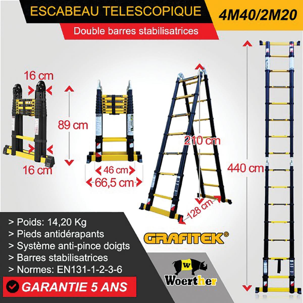 ÉCHELLE-ESCABEAU GAMME GRAFITEK 4,40M /2,20M AVEC DOUBLE BARRES STABILISATRICES