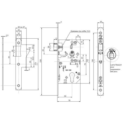 SERRURE D'URGENCE D4522 NIGHT LATCH CFPF - AXE 50 - CLÉ I
