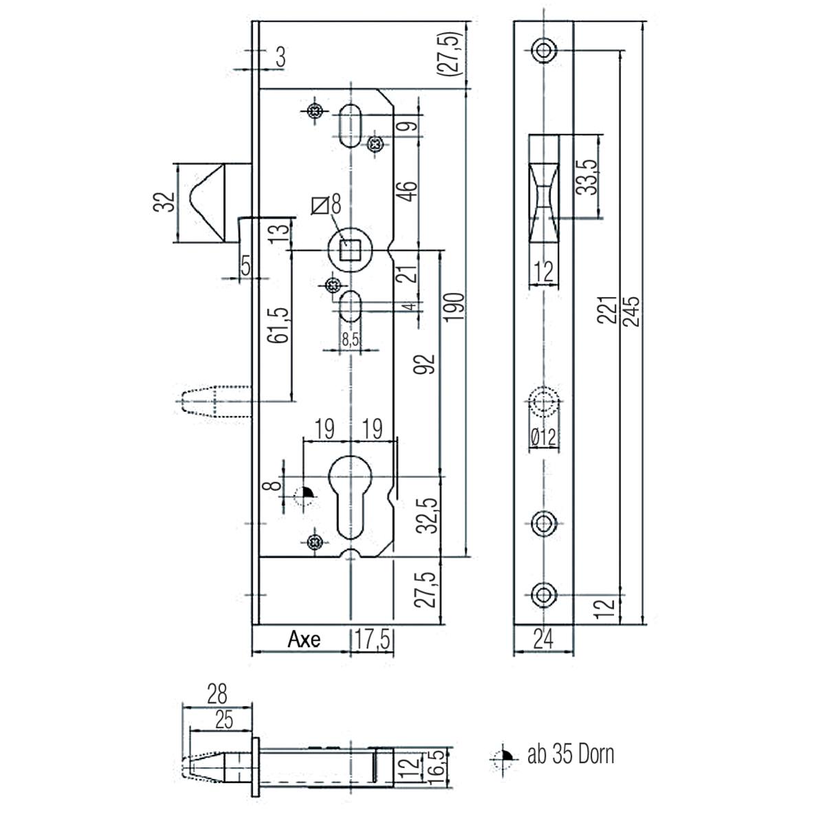 SERRURE COFFRE 44,5 MM À CROCHET ET MENTONNET POUR PORTE COULISSANTE 1625F