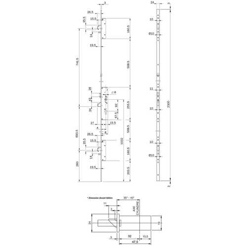 SERRURE MULTIPOINT COFFRE 47,5 MM PÊNES DORMANTS À CROCHET ET DEMI-TOUR MULTIBLINDO EASY