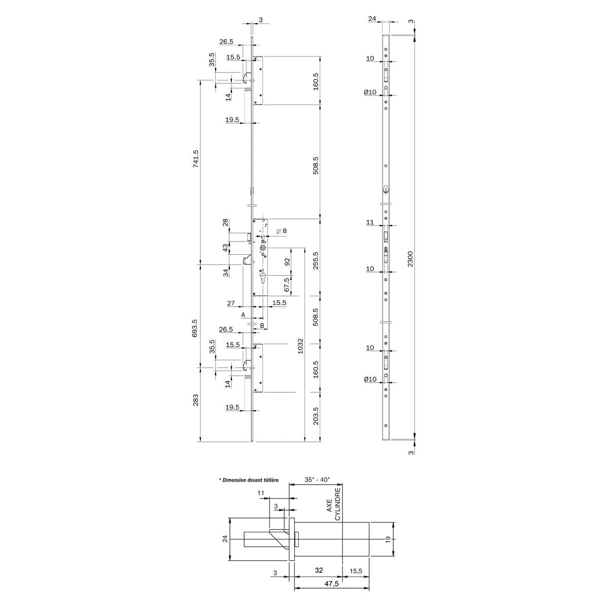 SERRURE MULTIPOINT COFFRE 47,5 MM PÊNES DORMANTS À CROCHET ET DEMI-TOUR MULTIBLINDO EASY