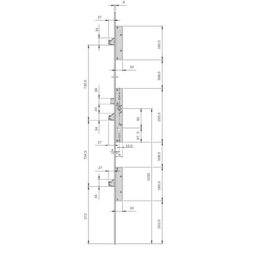 SERRURE MULTIPOINT COFFRE 43,5 MM PÊNES DORMANTS BASCULANTS ET DEMI-TOUR MULTIBLINDO