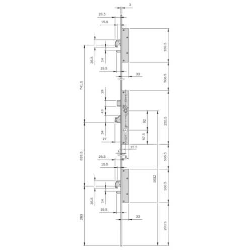 SERRURE MULTIPOINT COFFRE 38,5 MM PÊNES DORMANTS À CROCHET ET DEMI-TOUR MULTIBLINDO