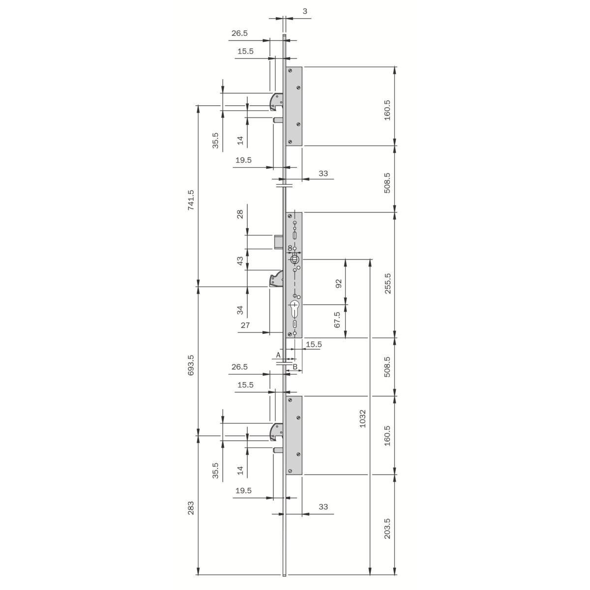 SERRURE MULTIPOINT COFFRE 38,5 MM PÊNES DORMANTS À CROCHET ET DEMI-TOUR MULTIBLINDO