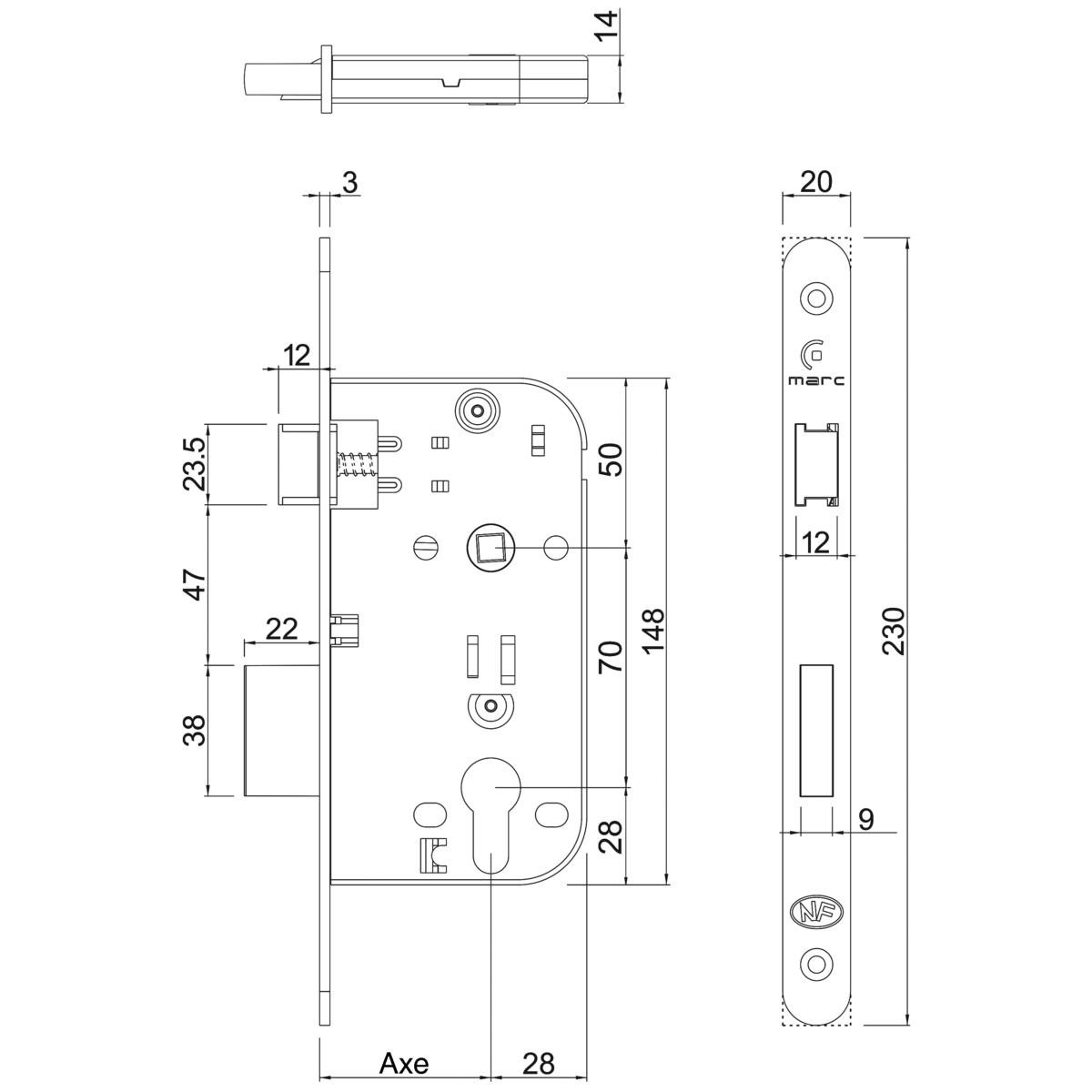 SERRURE 7250 INOX - AXE 50 - CLÉ I