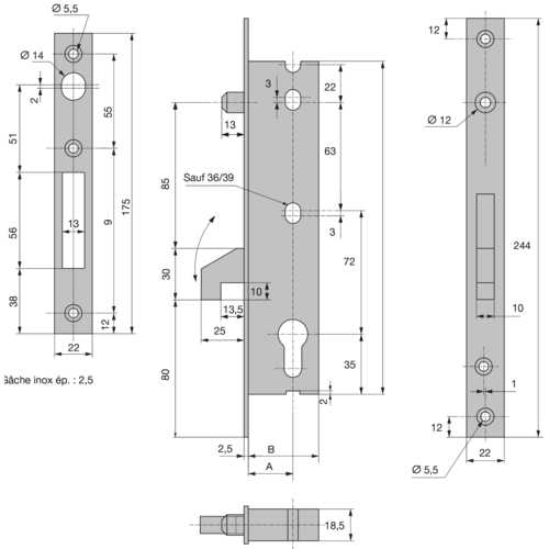 SERRURE COFFRE 45 MM À CROCHET BASCULANT ET MENTONNET POUR PORTE COULISSANTE 2562