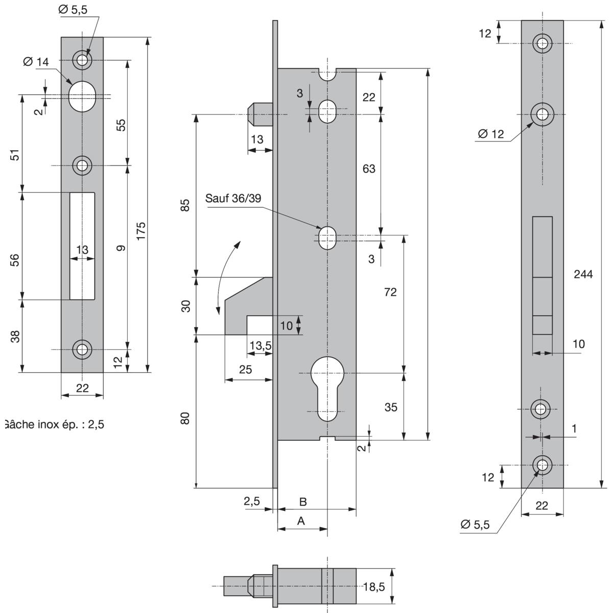 SERRURE COFFRE 45 MM À CROCHET BASCULANT ET MENTONNET POUR PORTE COULISSANTE 2562