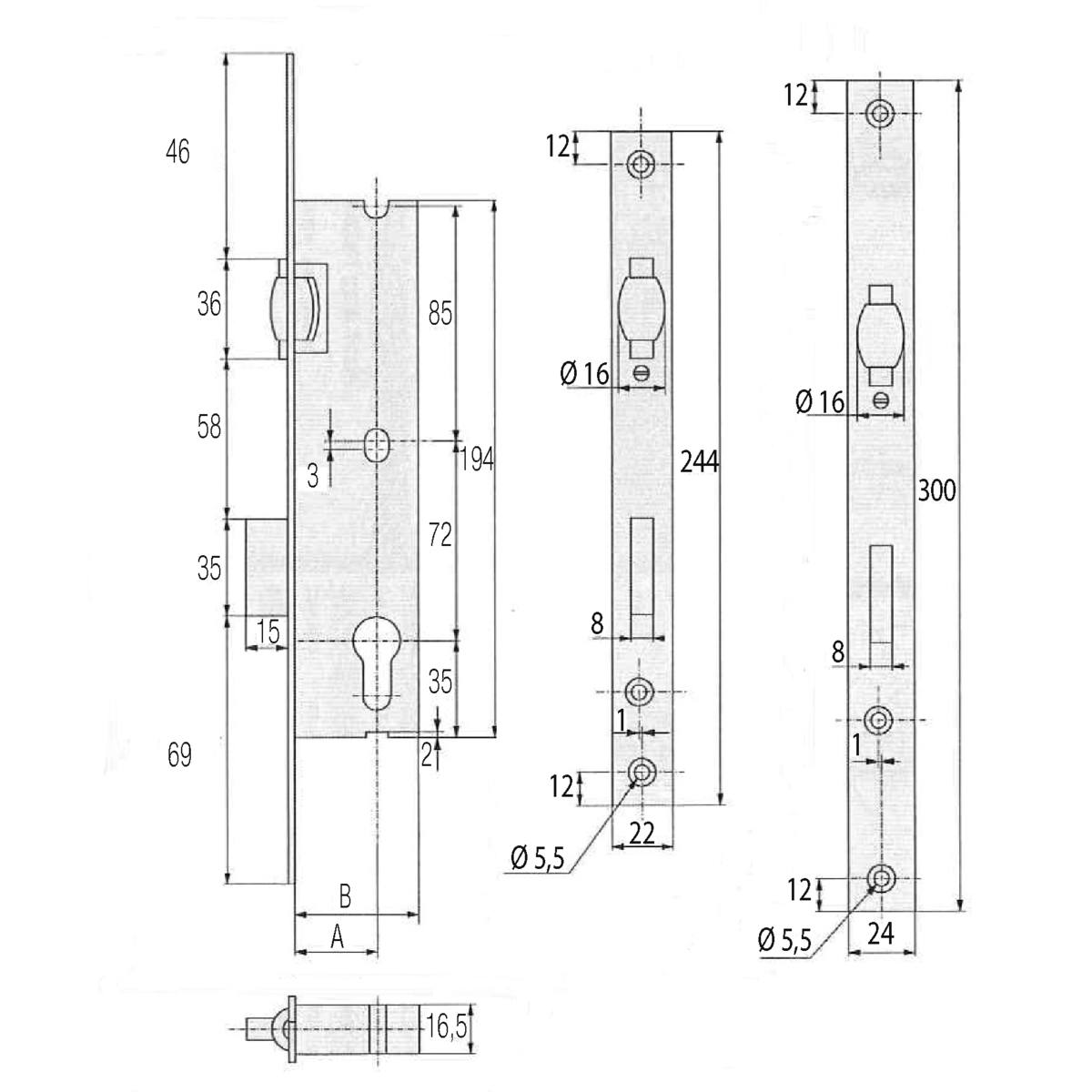 SERRURE COFFRE 39 MM PÊNES DORMANT ET ROULEAU 2264