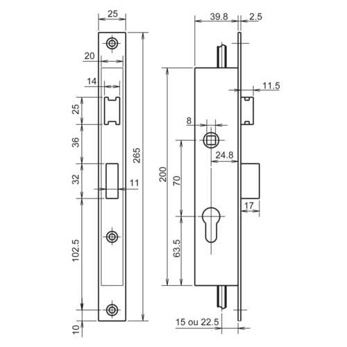 SERRURE 3 POINTS COFFRE 39,8 MM PÊNES DORMANT ET DEMI-TOUR À TRINGLES 36