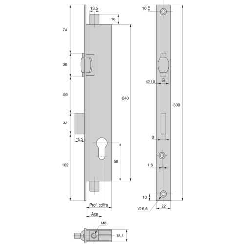 SERRURE 3 POINTS COFFRE 39 MM PÊNES DORMANT ET ROULEAU À TRINGLES 2274