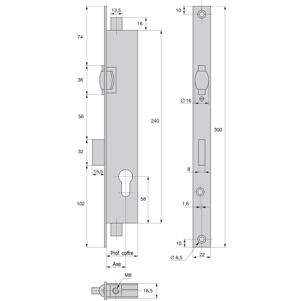 SERRURE 3 POINTS COFFRE 39 MM PÊNES DORMANT ET ROULEAU À TRINGLES 2274
