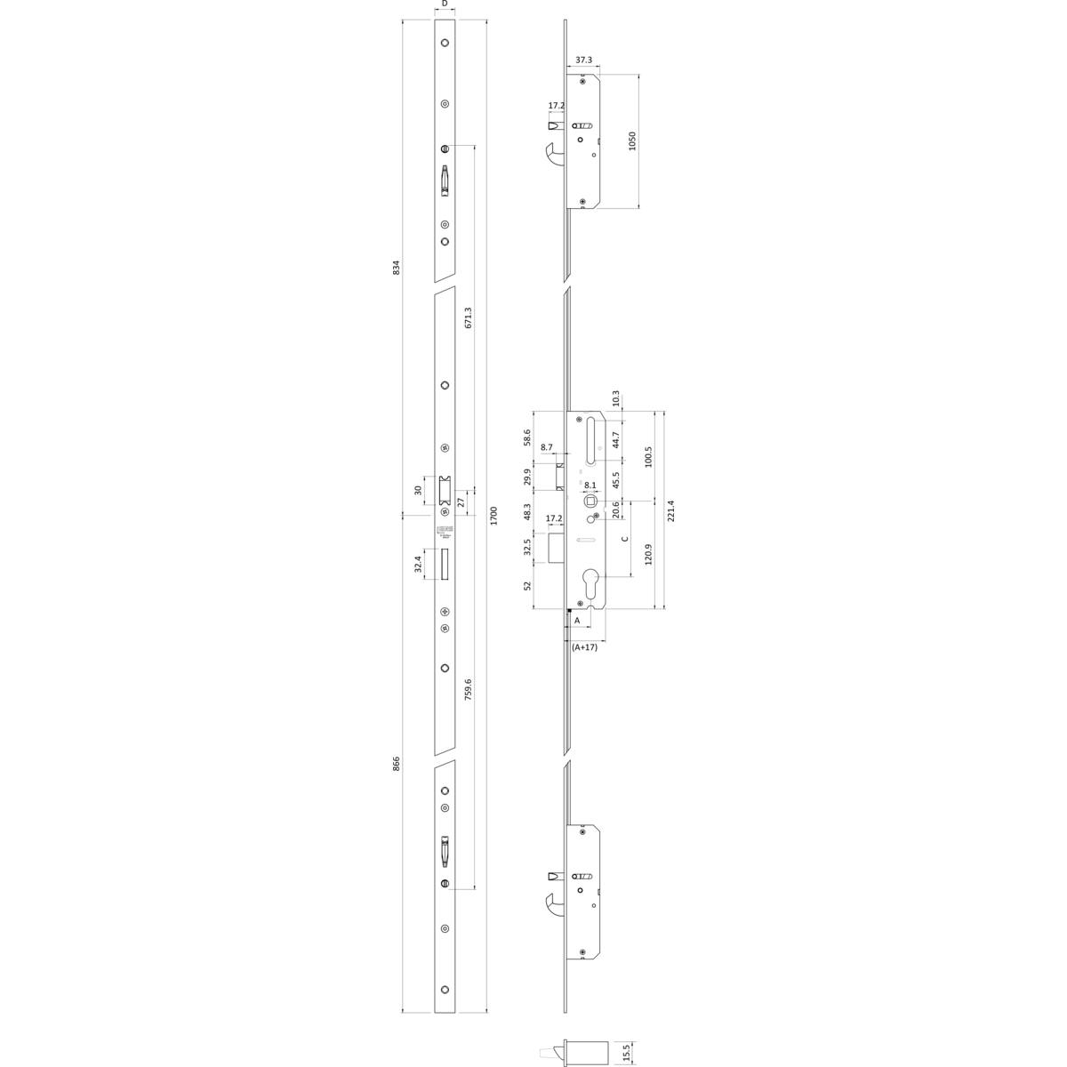 SERRURE 3 POINTS COFFRE 45 MM PÊNES DORMANTS BASCULANTS ET DEMI-TOUR 7765 T.U24