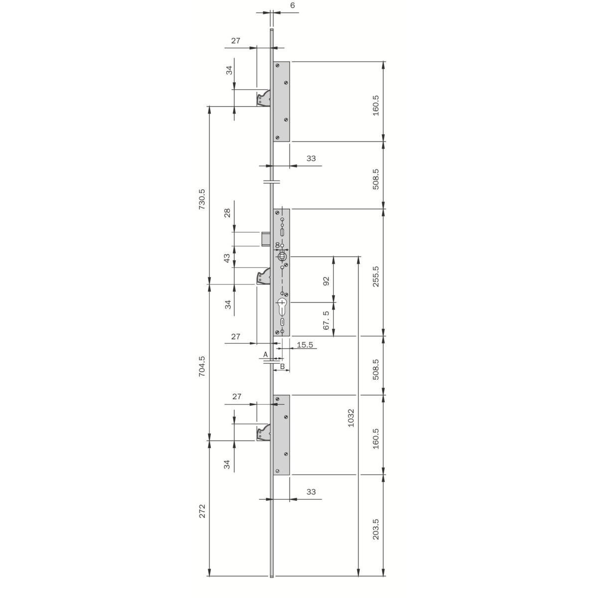 SERRURE MULTIPOINT COFFRE 33,5 MM PÊNES DORMANTS BASCULANTS ET DEMI-TOUR MULTIBLINDO