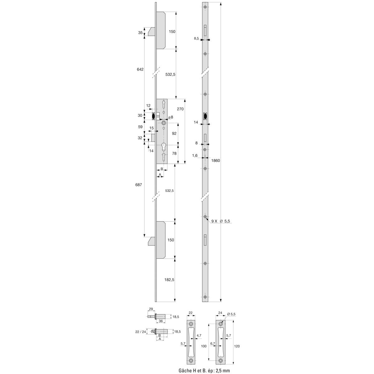SERRURE 3 POINTS COFFRE 41 MM PÊNES DORMANTS BASCULANTS ET DEMI-TOUR 6370 A2P*