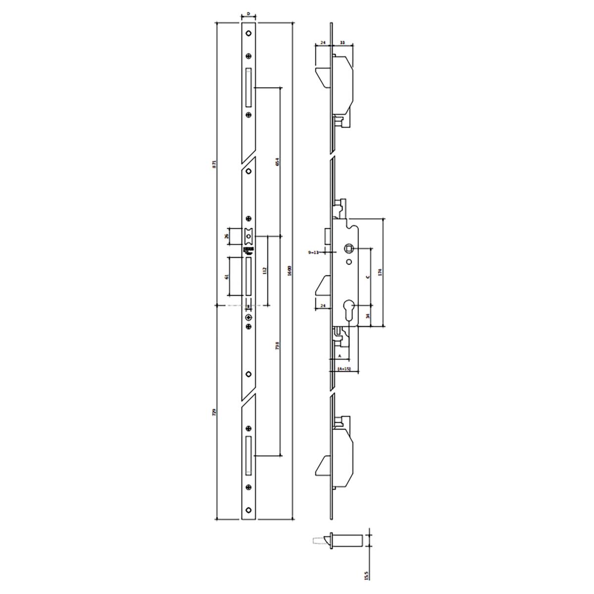 SERRURE 3 POINTS COFFRE 45MM PÊNES DORMANTS BASCULANTS ET DEMI-TOUR 7717 T.U24