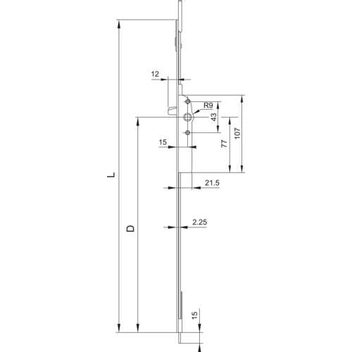 CRÉMONE LOQUET AXE 15 AJUSTABLE HAUT - COTE D : 250 MM