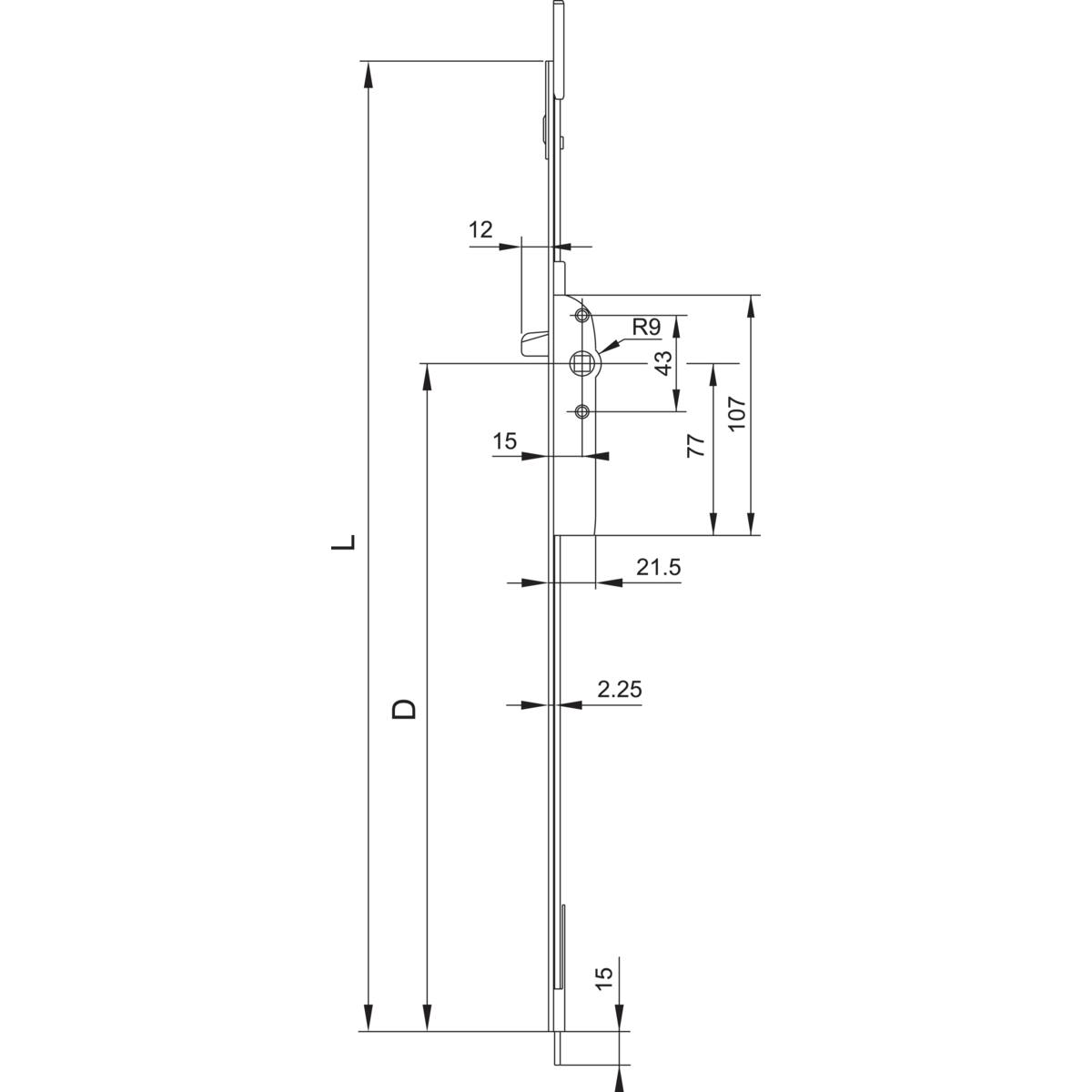 CRÉMONE LOQUET AXE 15 AJUSTABLE HAUT - COTE D : 250 MM