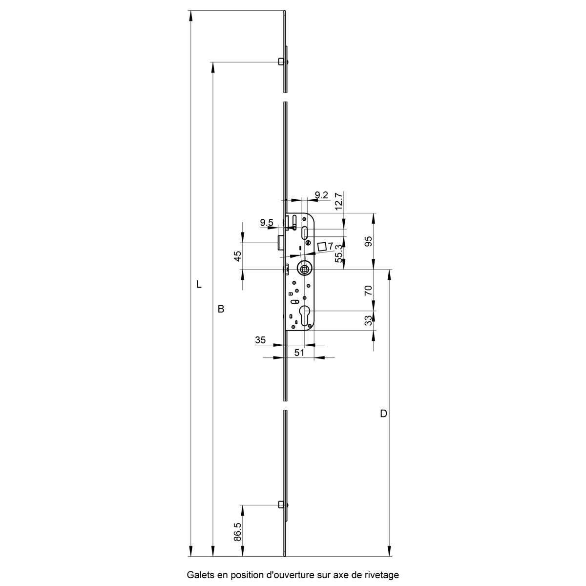 CRÉMONE À CYLINDRE - AXE 35 MM - COTE D : 800 MM