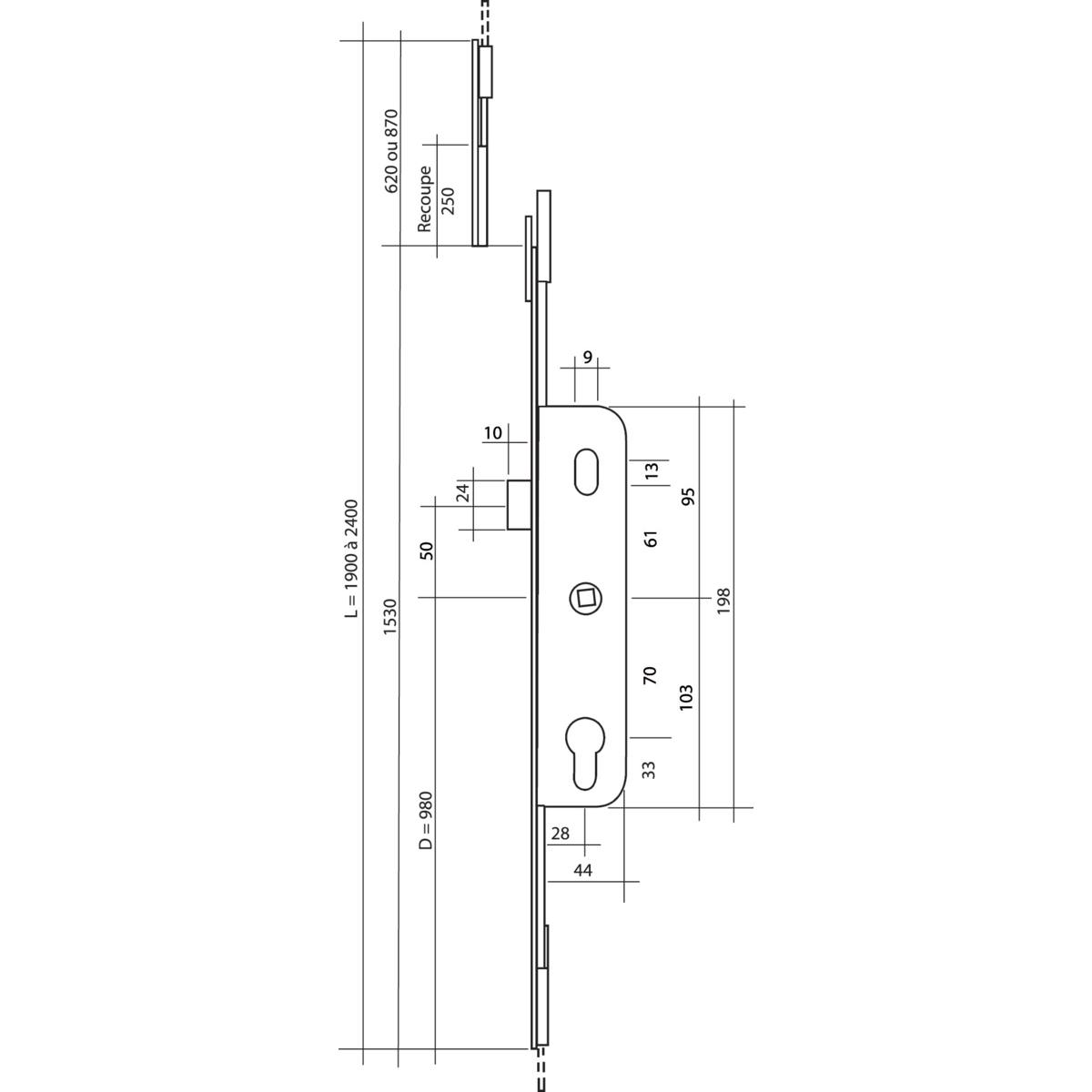 CRÉMONE AJUSTABLE À CYLINDRE - AXE 28 MM - COTE D : 1028 MM