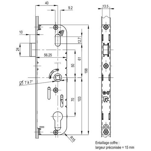 CRÉMONE AJUSTABLE À CYLINDRE - AXE 40 MM - COTE D : 980 MM