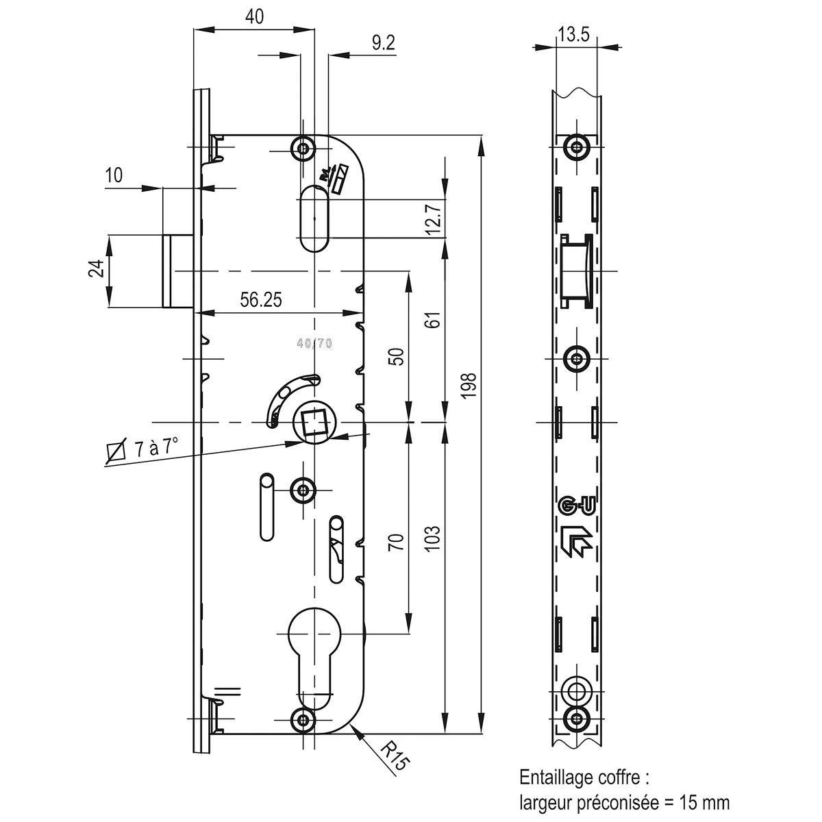CRÉMONE AJUSTABLE À CYLINDRE - AXE 40 MM - COTE D : 980 MM