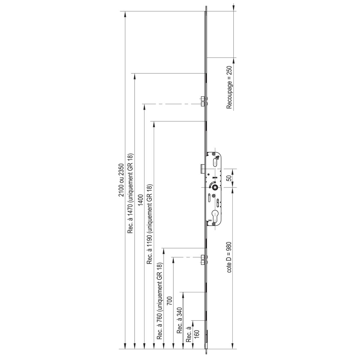 CRÉMONE BARILLET RECOUPABLE - AXE 28 MM - COTE D : 980 MM