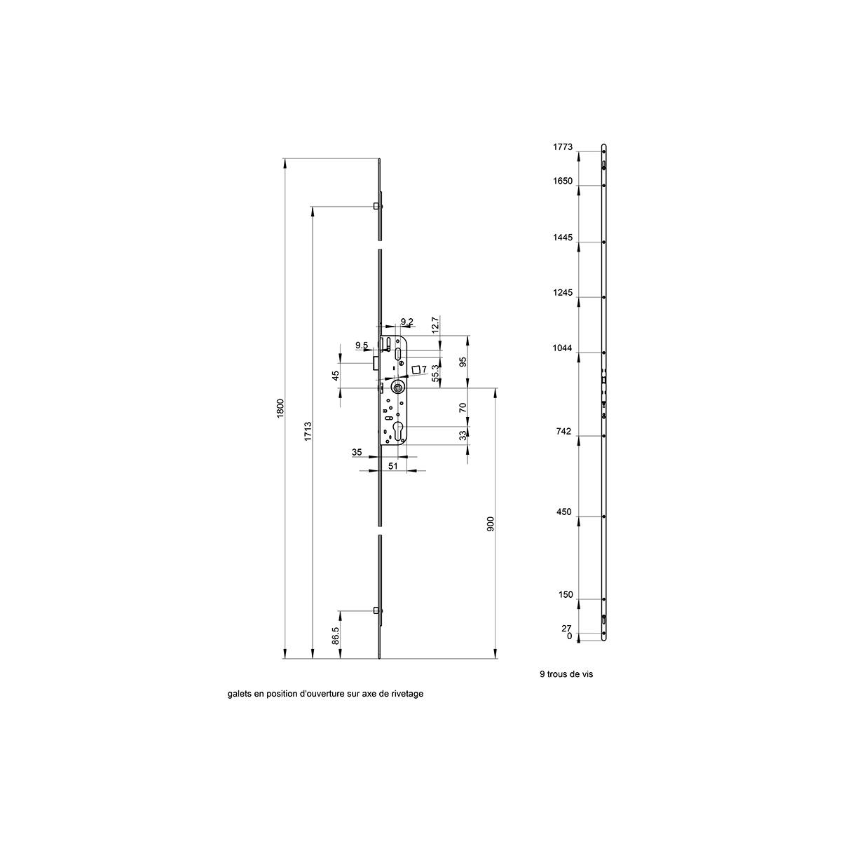CRÉMONE À CYLINDRE - AXE 35 MM - COTE D : 900 MM