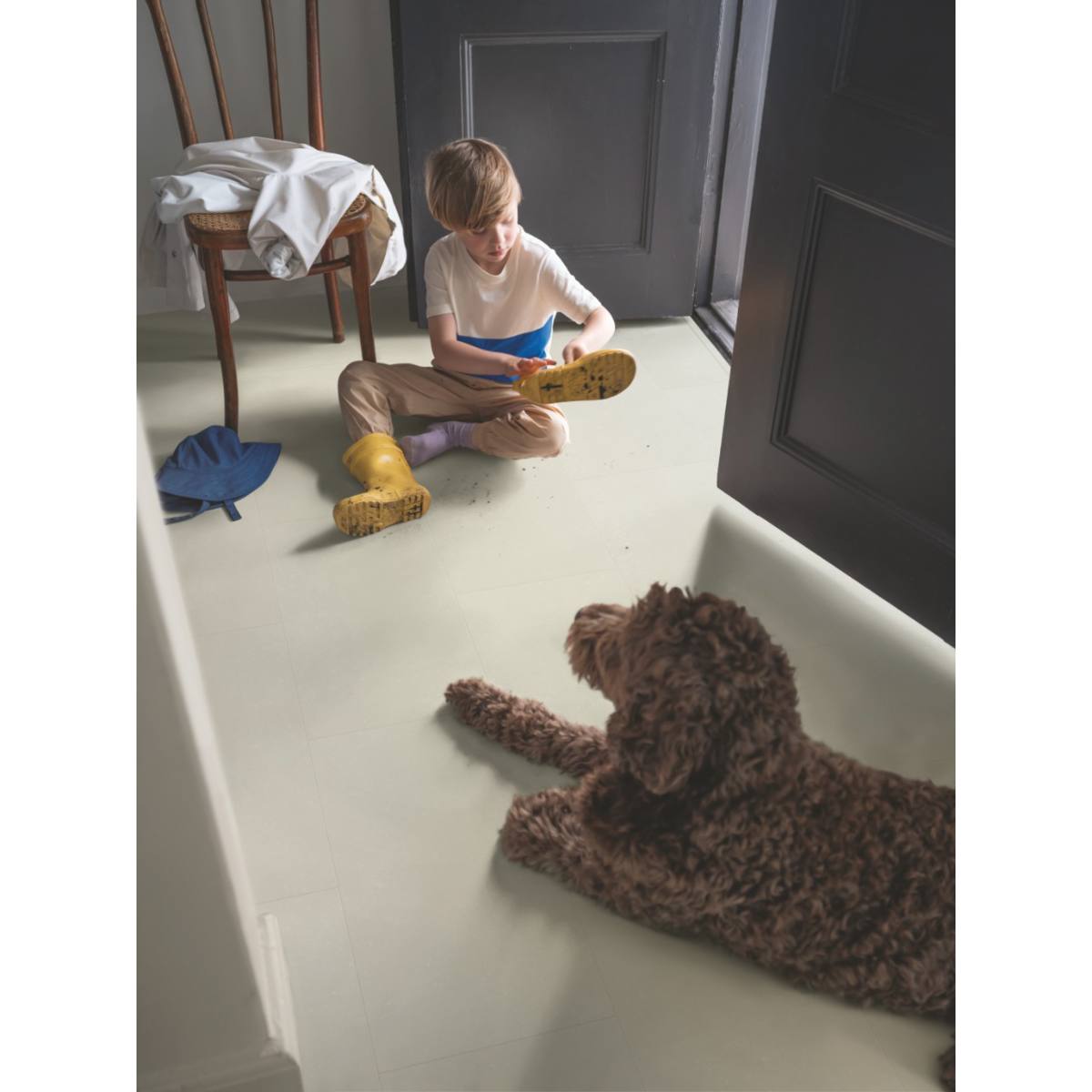 SOL VINYLE RIGIDE SOUS-COUCHE INTÉGRÉE DALLE CALCAIRE BEIGE